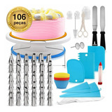 Kit Confeitaria Completo 106 Peças Plataforma Giratória Bicos De Confeitar Inox Sacos Reutilizáveis Espátulas Cortador De Bolo Caneta Decorativa Formas De Silicone E Acessórios Marca Lorben