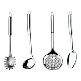 Kit Conjunto 4 Utensílios De Cozinha 100 Inox Completo