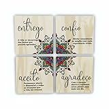 Kit Conjunto Com 4 Quadros De Madeira Meditação Mantra Entrego Confio Aceito E Agradeço