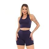 Kit Conjunto Feminino Top Cropped Academia E Short Legging AZUL ESCURO GG 