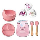 Kit Conjunto Introdução Alimentar Buba Completo 4 Peças Pratinho Com Ventosa Babador De Silicone Gumy Bebê Unissex Tigela Bowl E Talher De Silicone Com Ventosa 1 Prendedor Buba Rosa 