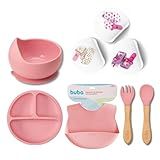 Kit Conjunto Introdução Alimentar Buba Completo 4 Peças Pratinho Com Ventosa Babador De Silicone Tigela Bowl E Talher De Silicone Com Ventosa 1 Prendedor Buba Rosa 