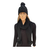 Kit Conjunto Touca De Lã Dobra E Cachecol De Lã Com Pompom