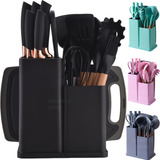 Kit Conjunto Utensílios Cozinha Silicone Facas Tabua 19 Pç