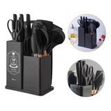 Kit Conjunto Utensílios Silicone Facas Tabua Preto 19 Peças