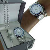 Kit Corrente Cordão Colar Masculino Aço Inox Fígaro Grumet Elo 3x1 60cm 6mm Pingente Cruz Crucifixo Oração Pai Nosso Pulseira Relógio Analógico De Ponteiro Masculino Fundo Branco Social Original