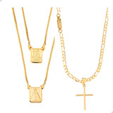 Kit Corrente Masculina E Pingente De Cruz Lisa Escapulário Masculino Imagem De Nossa Senhora De Aparecida E Nossa Senhora Do Carmo Banhado Com 10 Camadas De Ouro 18k Marca Andreia Branco Acessórios