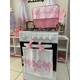 Kit Cortina Forno Capa P Tampa Fogão 4 Bocas laço Rosa