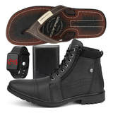 Kit Coturno Casual Masculino Chinelo Relógio E Carteira