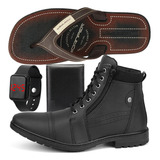 Kit Coturno Masculino Bota Casual C ziper Relogio Chinelo