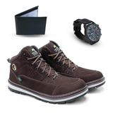 Kit Coturno Masculino Casual Couro Relógio Carteira
