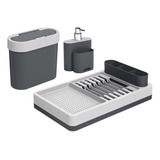 Kit Cozinha 3 Pçs Escorredor Dispenser Lixeira Flat Cinza