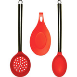 Kit Cozinha Colher Escumadeira Silicone Inox Descanso