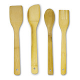Kit Cozinha Jogo De Talheres Em Bambu 4 Peças Suporte