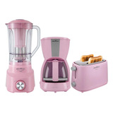 Kit Cozinha Liquidificador Cafeteira Torradeira Rosa 110v