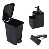 Kit Cozinha Lixeira Rattan 7l Porta Detergente Rodinho