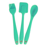 Kit Cozinha Silicone 3 Peças Pincel Espátula Colher Cor Verde Tiffany