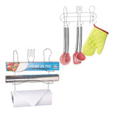 Kit Cozinha Suporte 6 Ganchos 3 Rolos Papel Pendurar Parede