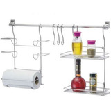 Kit Cozinha Suspensa Porta Rolos Filme Papel Toalha Ganchos Prateleira Dupla Barra Kit2 Envio Imediato Com Nota Fiscal