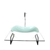 KIT CUBA DE VIDRO ABAULADA BRANCA COM TAMPO 60CM INCOLOR E SUPORTE PRETO