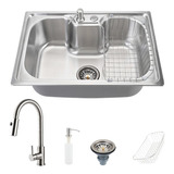 Kit Cuba Para Cozinha Inox Com Acessórios Carajás E Torneira Monocomando Extensível Muru Pingoo casa Prata Escovado