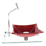 Kit Cuba Vidro Quadrada Tampo 40cm suporte torneira valvula Cor Vermelho Ferrari incolor