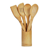 Kit Culinária Jogo Colher Pau Bambu Madeira 5 Peças Welf