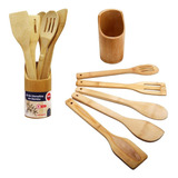 Kit Culinário Colher De Pau Bambu Suporte Utensílios