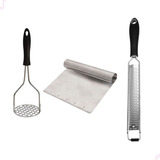 Kit Culinário Ralador Fino Espátula Inox E Amassador Batatas