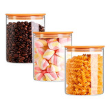 Kit De 3 Potes Herméticos Vidro Tampa Bambu 800ml U Unica Un Cor Transparente