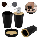 Kit De Banheiro 4 Peças Acessórios Bambu Sextavado Milão