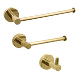 Kit De Banheiro Dourado 3pçs Suporte Toalha Papeleira Gancho