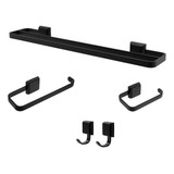 Kit De Banheiro Preto Quadrado Duplo 5 Peças Luxo 2 Cabides
