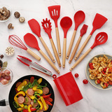 Kit De Cozinha 12 Utensílios Silicone Concha Colher Vermelho