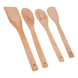 Kit De Cozinha Bambu Colher Pau Espátula Utensílios 4 Peças