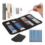 Kit De Estojo 51pçs Lápis Azul E Colorido Profissional Arte