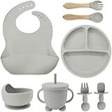 Kit De Introdução Alimentar Para Bebê 8 Peças Em Silicone Livre De BPA Atóxico E Antibacteriano Colher Garfo Copo Pote E Prato Para Crianças Cinza 