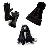 Kit De Inverno Luvas Forradas Gorro Com Pompom E Cachecol Pashmina Preto