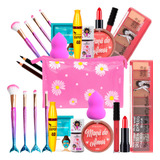 Kit De Maquiagem Batom Blush Pincel Rimel Lip Tint Esponja