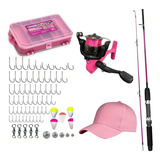 Kit De Pesca Conjunto Rosa Vara Molinete Acessórios Boné