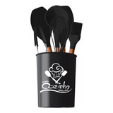 Kit De Utensílios De Cozinha Silicone 7 Peças Cabo Madeira Cor Preto