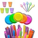 Kit Descartáveis Cores Neon Completo 300 Peças Copo Prato Colher Canudo