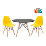 Kit Eames Infantil Mesa 60 Cm E 2 Cadeiras Eames Junior Cor Da Tampa Mesa Preto Com Cadeiras Amarelo