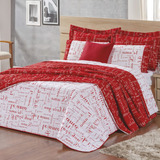 Kit Edredom Casal Queen Te Amo 5 Peças 100 Algodão 150 Fios Cor Vermelho Desenho Do Tecido Liso