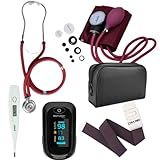 Kit Enfermagem Acadêmico Com Estojo Completo Vinho Premium Estetoscópio Esfigmomanômetro Oxímetro Termômetro E Garrote Fundamentos Medicina