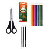 Kit Escolar 1 Tesoura 12 Lápis De Cor E 3 Lápis De Escrever