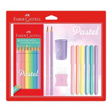 Kit Escolar 20pc Canetinha Lápis De Cor Pastel Faber Castell