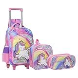 Kit Escolar Completo Mochila De Rodinha Lancheira E Estojo Duplo Unicórnio Yepp MIF5339 Volta ás Aulas Rosa Claro 