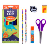 Kit Escolar Dino 12 Lápis Cores 6 Pecas Caixa Com 1 Un 