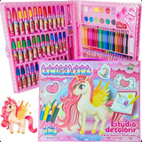 Kit Escolar Menina Maleta Estúdio Grande De Pintura Mundo Dos Unicórnios 150 Peças Infantil Colorir Desenho Canetinhas Lápis De Cor Giz De Cera Tinta Aquarela Cola Apontador Tesoura Régua Pincel Clips